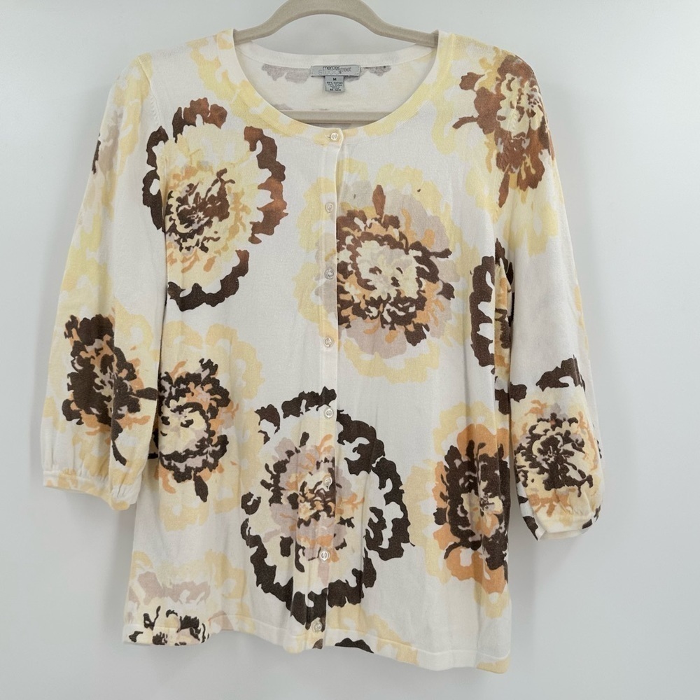 MERCER Street Studio Women’s White w/Yellow & Brown Floral Cardigan Size Medium